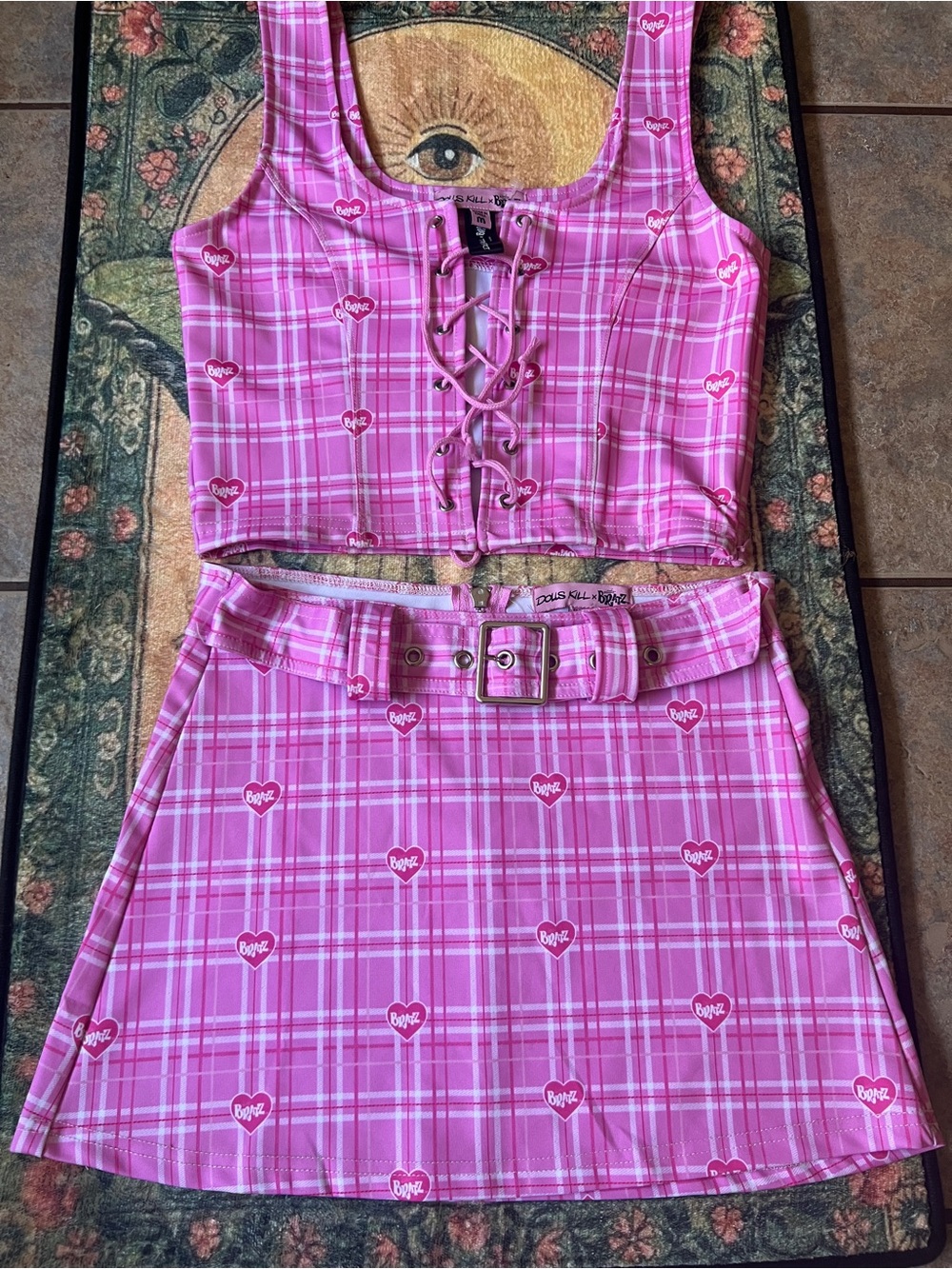 Dolls Kill bratz set Pink Plaid Lace-Up Crop Top & Belted Mini Skirt Set